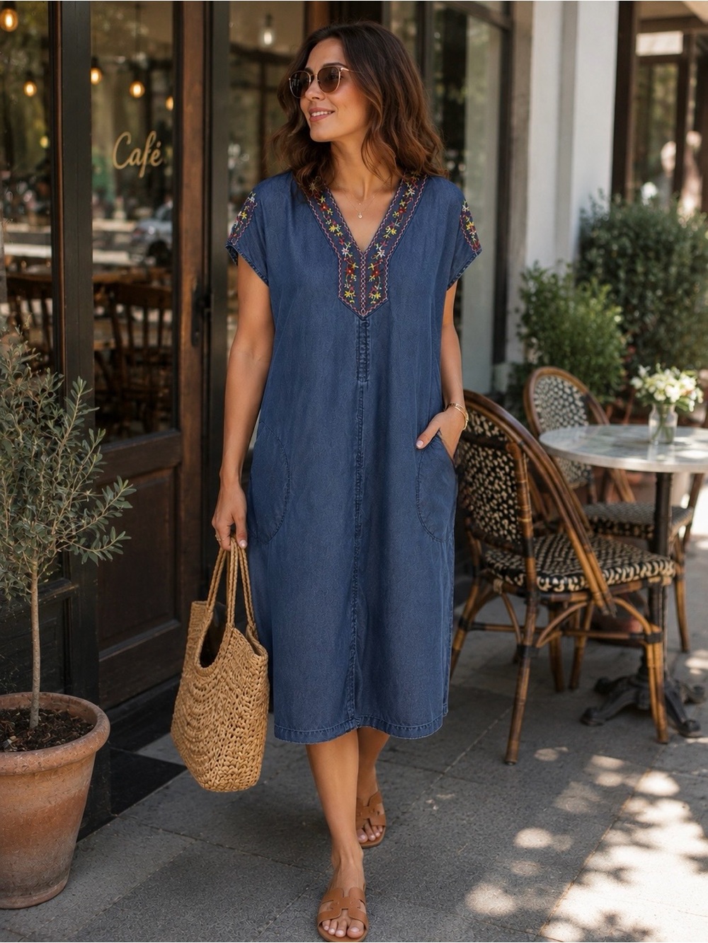 Coldwater Creek Tencel Denim Embroidered Boho Oversized Relaxed Dress Size S